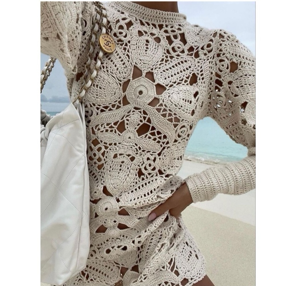 Ulla Johnson Aamina Hand Crocheted Balloon Sleeve Semi Sheer Cotton Mini Dress